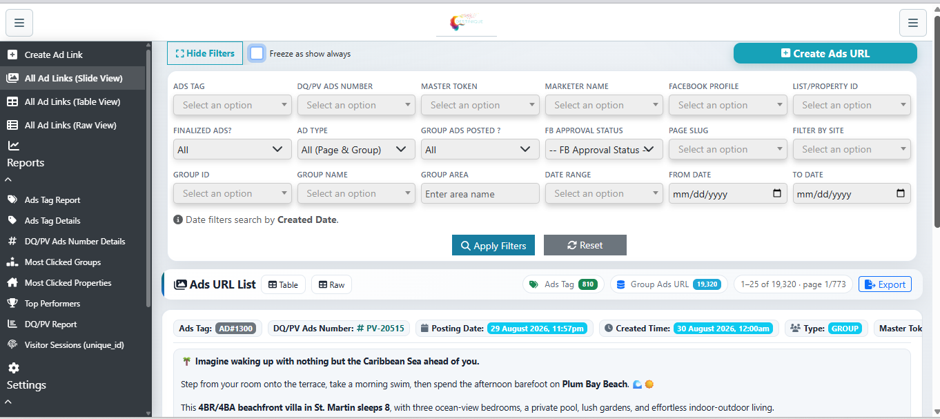Destinique Dashboard — Internal Business Platform screenshot